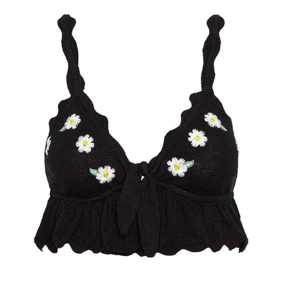 For Love & Lemons Black Floral Embroidered Crop Top
